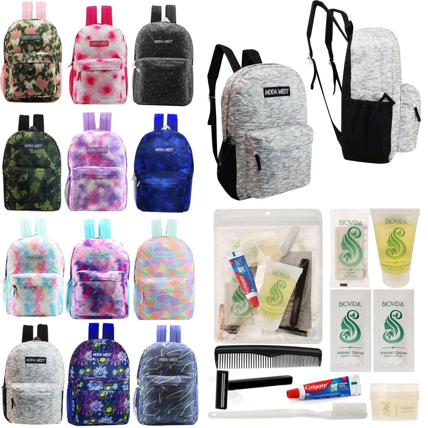 12 Muster 17 'Rucksäcke in verschiedenen Drucken & Ihre Wahl von 12 Bulk Hygiene Kits - Wholesale PFLEGE Package: Obdachlos, Notfall, Wohltätigkeit