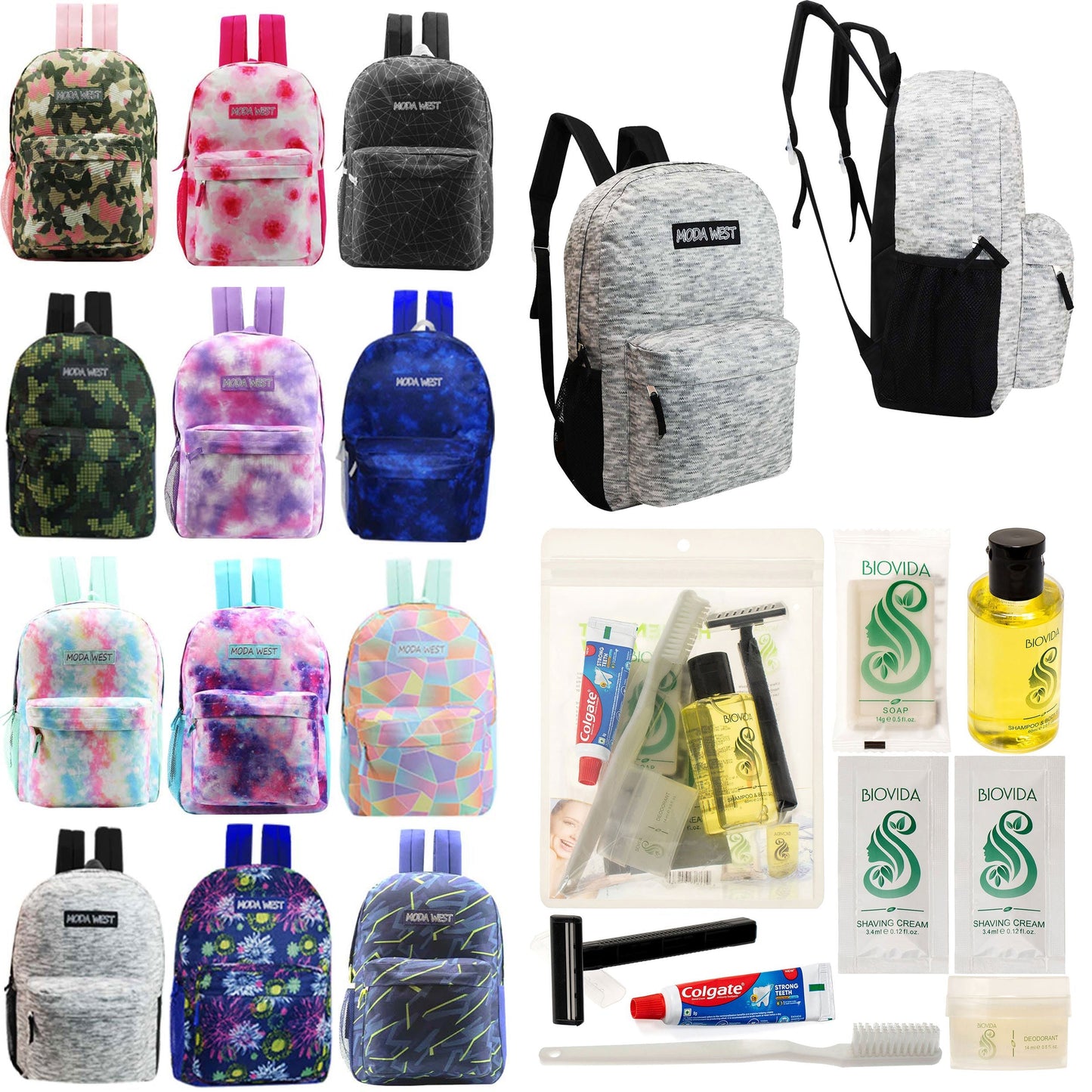 12 Muster 17 'Rucksäcke in verschiedenen Drucken & Ihre Wahl von 12 Bulk Hygiene Kits - Wholesale PFLEGE Package: Obdachlos, Notfall, Wohltätigkeit