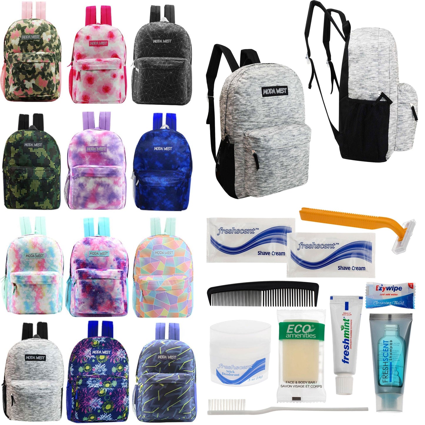 12 Muster 17 'Rucksäcke in verschiedenen Drucken & Ihre Wahl von 12 Bulk Hygiene Kits - Wholesale PFLEGE Package: Obdachlos, Notfall, Wohltätigkeit