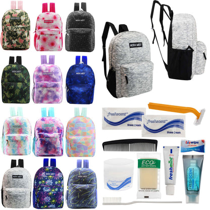 12 Muster 17 'Rucksäcke in verschiedenen Drucken & Ihre Wahl von 12 Bulk Hygiene Kits - Wholesale PFLEGE Package: Obdachlos, Notfall, Wohltätigkeit