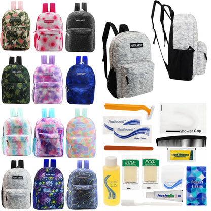 12 Muster 17 'Rucksäcke in verschiedenen Drucken & Ihre Wahl von 12 Bulk Hygiene Kits - Wholesale PFLEGE Package: Obdachlos, Notfall, Wohltätigkeit