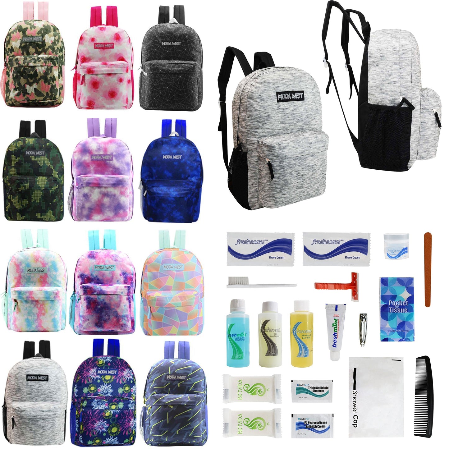 12 Muster 17 'Rucksäcke in verschiedenen Drucken & Ihre Wahl von 12 Bulk Hygiene Kits - Wholesale PFLEGE Package: Obdachlos, Notfall, Wohltätigkeit