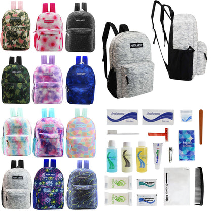 12 Muster 17 'Rucksäcke in verschiedenen Drucken & Ihre Wahl von 12 Bulk Hygiene Kits - Wholesale PFLEGE Package: Obdachlos, Notfall, Wohltätigkeit