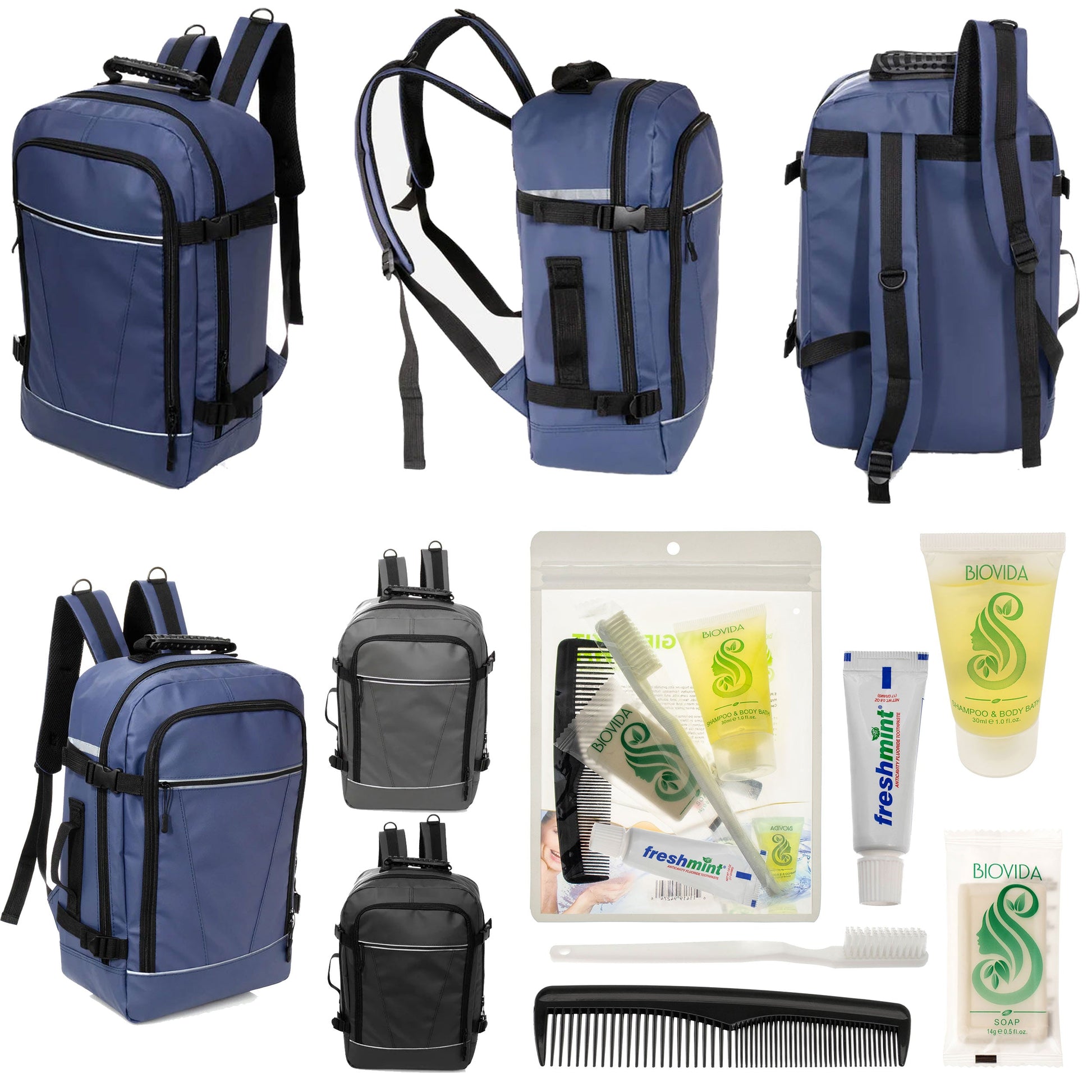 12 Deluxe 18 'Reiserucksäcke in 3 Farben & Ihre Wahl von 12 Bulk Hygiene Kits - Wholesale PFLEGE Package: Obdachlos, Notfall, Wohltätigkeit