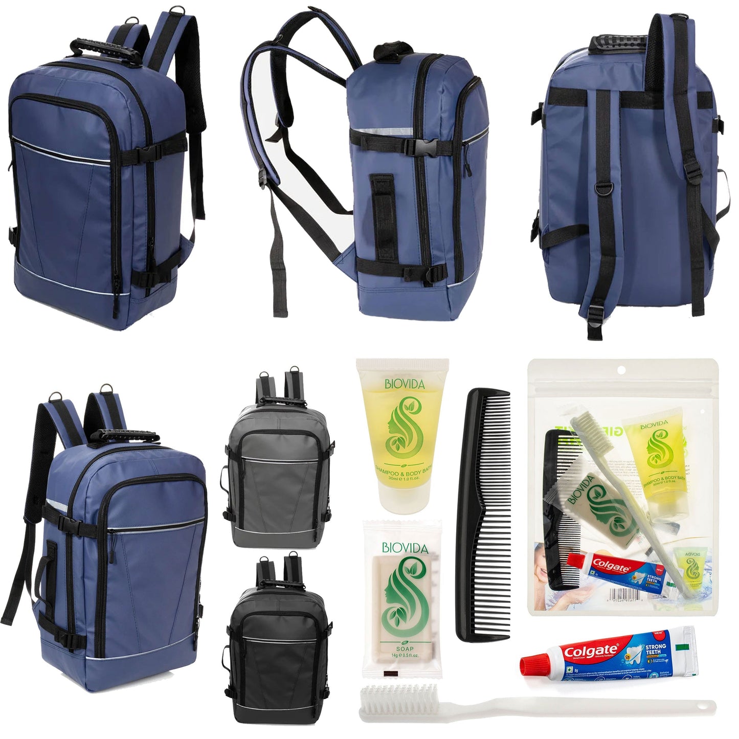 12 Deluxe 18 'Reiserucksäcke in 3 Farben & Ihre Wahl von 12 Bulk Hygiene Kits - Wholesale PFLEGE Package: Obdachlos, Notfall, Wohltätigkeit