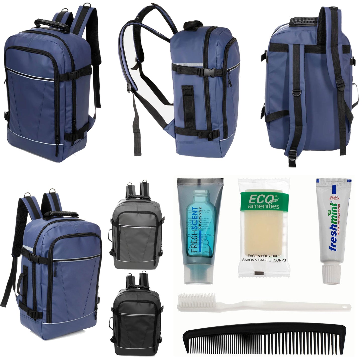12 Deluxe 18 'Reiserucksäcke in 3 Farben & Ihre Wahl von 12 Bulk Hygiene Kits - Wholesale PFLEGE Package: Obdachlos, Notfall, Wohltätigkeit
