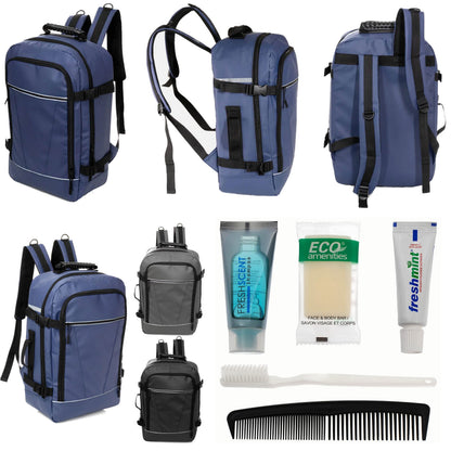 12 Deluxe 18 'Reiserucksäcke in 3 Farben & Ihre Wahl von 12 Bulk Hygiene Kits - Wholesale PFLEGE Package: Obdachlos, Notfall, Wohltätigkeit