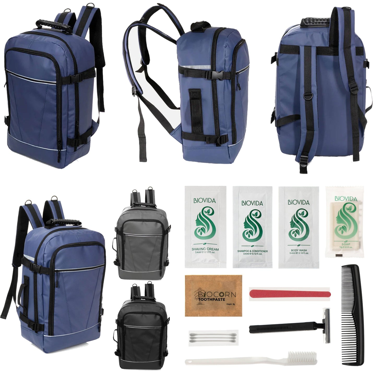 12 Deluxe 18 'Reiserucksäcke in 3 Farben & Ihre Wahl von 12 Bulk Hygiene Kits - Wholesale PFLEGE Package: Obdachlos, Notfall, Wohltätigkeit
