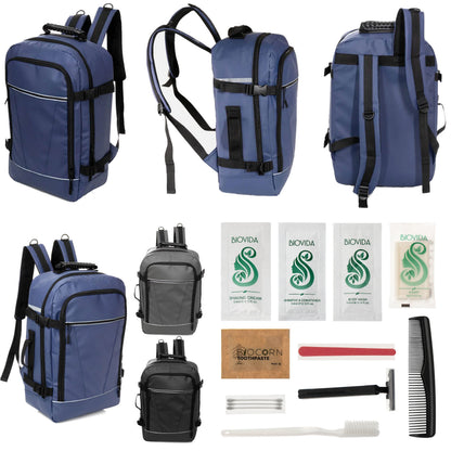 12 Deluxe 18 'Reiserucksäcke in 3 Farben & Ihre Wahl von 12 Bulk Hygiene Kits - Wholesale PFLEGE Package: Obdachlos, Notfall, Wohltätigkeit