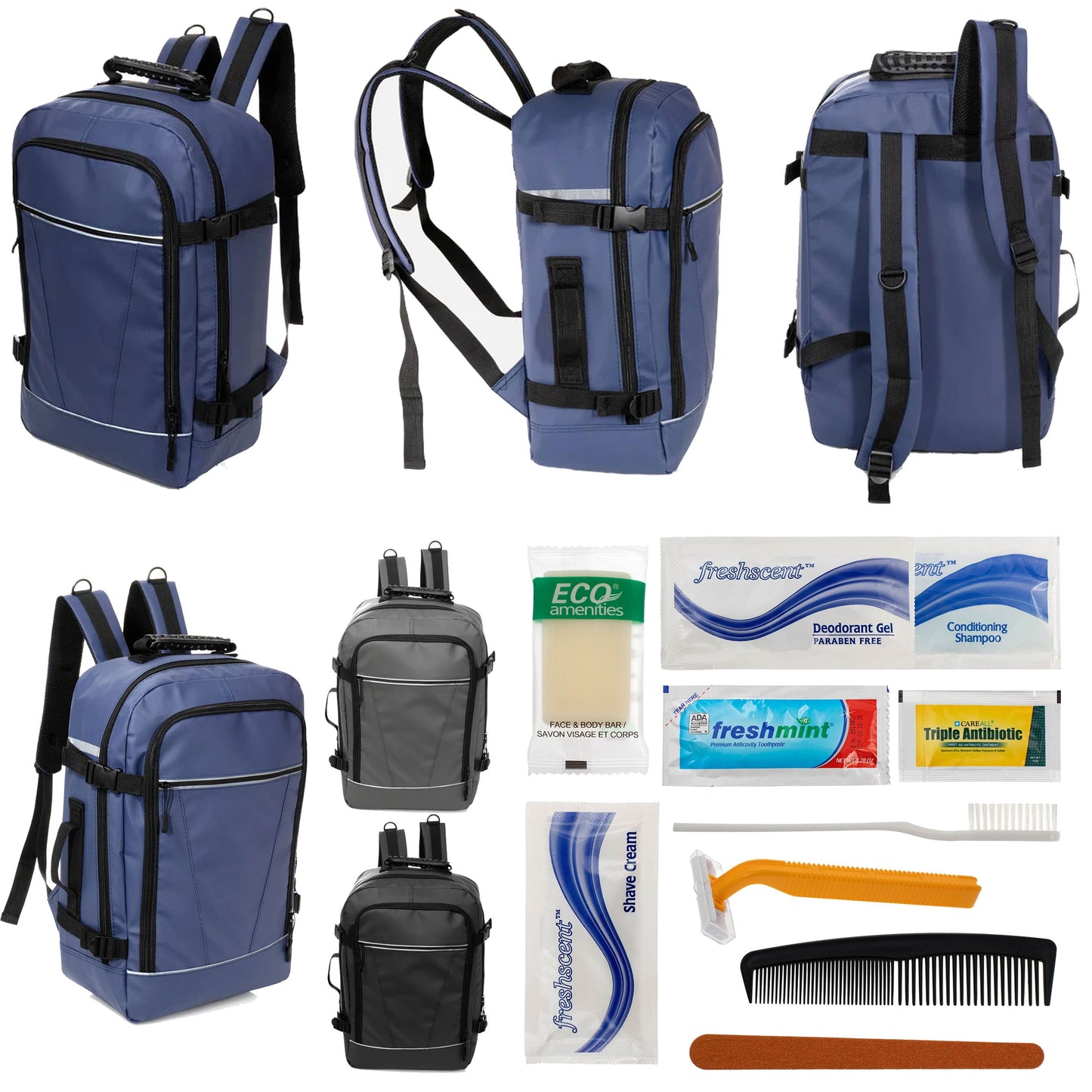 12 Deluxe 18 'Reiserucksäcke in 3 Farben & Ihre Wahl von 12 Bulk Hygiene Kits - Wholesale PFLEGE Package: Obdachlos, Notfall, Wohltätigkeit