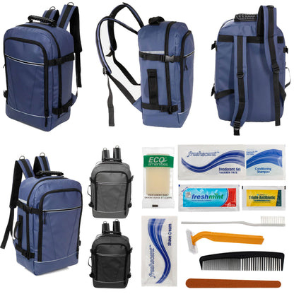 12 Deluxe 18 'Reiserucksäcke in 3 Farben & Ihre Wahl von 12 Bulk Hygiene Kits - Wholesale PFLEGE Package: Obdachlos, Notfall, Wohltätigkeit