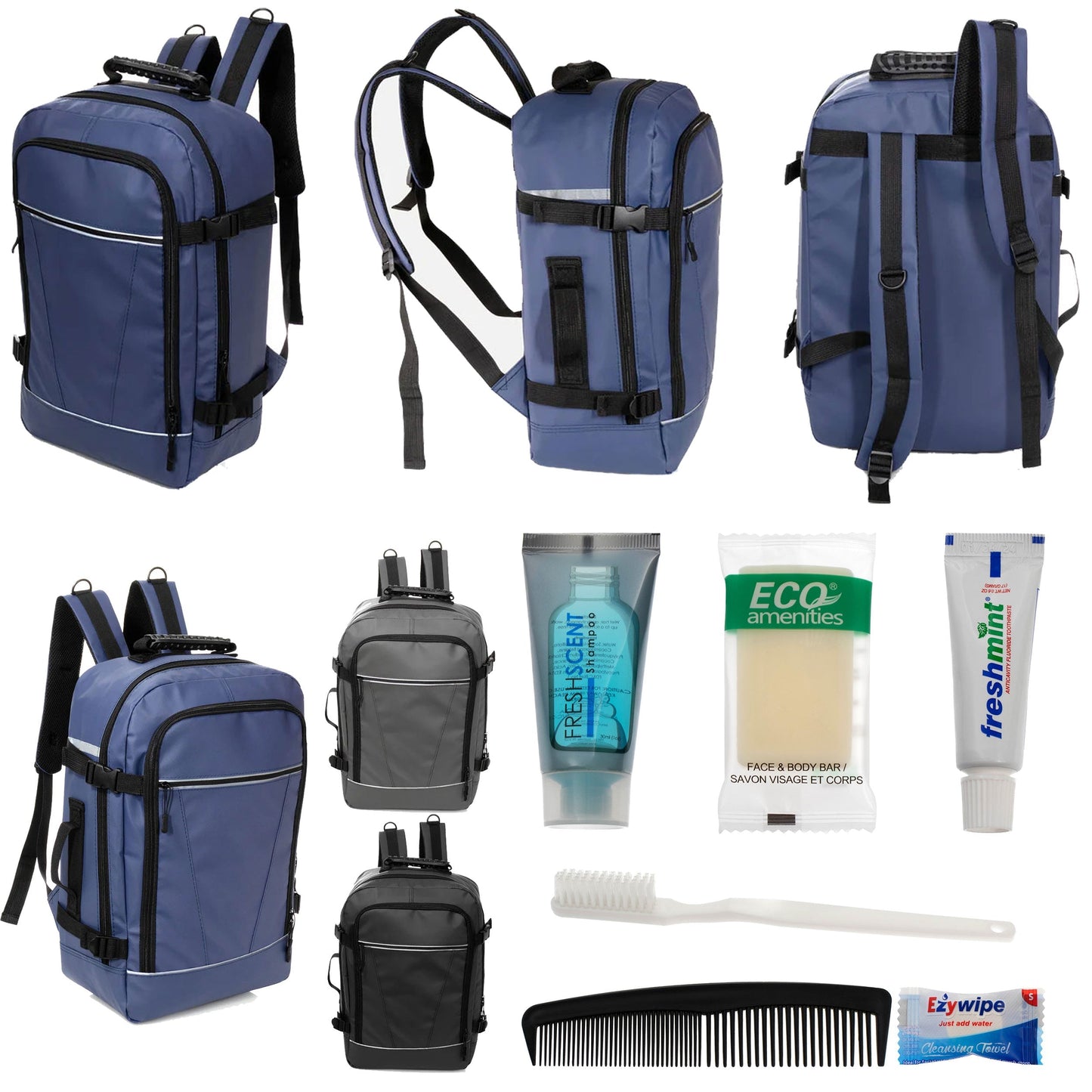 12 Deluxe 18 'Reiserucksäcke in 3 Farben & Ihre Wahl von 12 Bulk Hygiene Kits - Wholesale PFLEGE Package: Obdachlos, Notfall, Wohltätigkeit