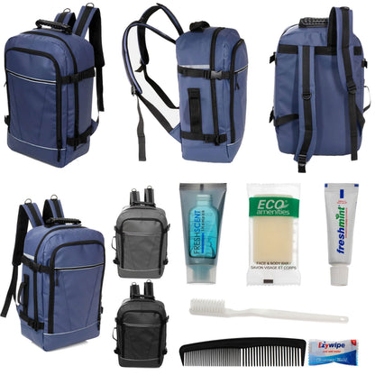 12 Deluxe 18 'Reiserucksäcke in 3 Farben & Ihre Wahl von 12 Bulk Hygiene Kits - Wholesale PFLEGE Package: Obdachlos, Notfall, Wohltätigkeit