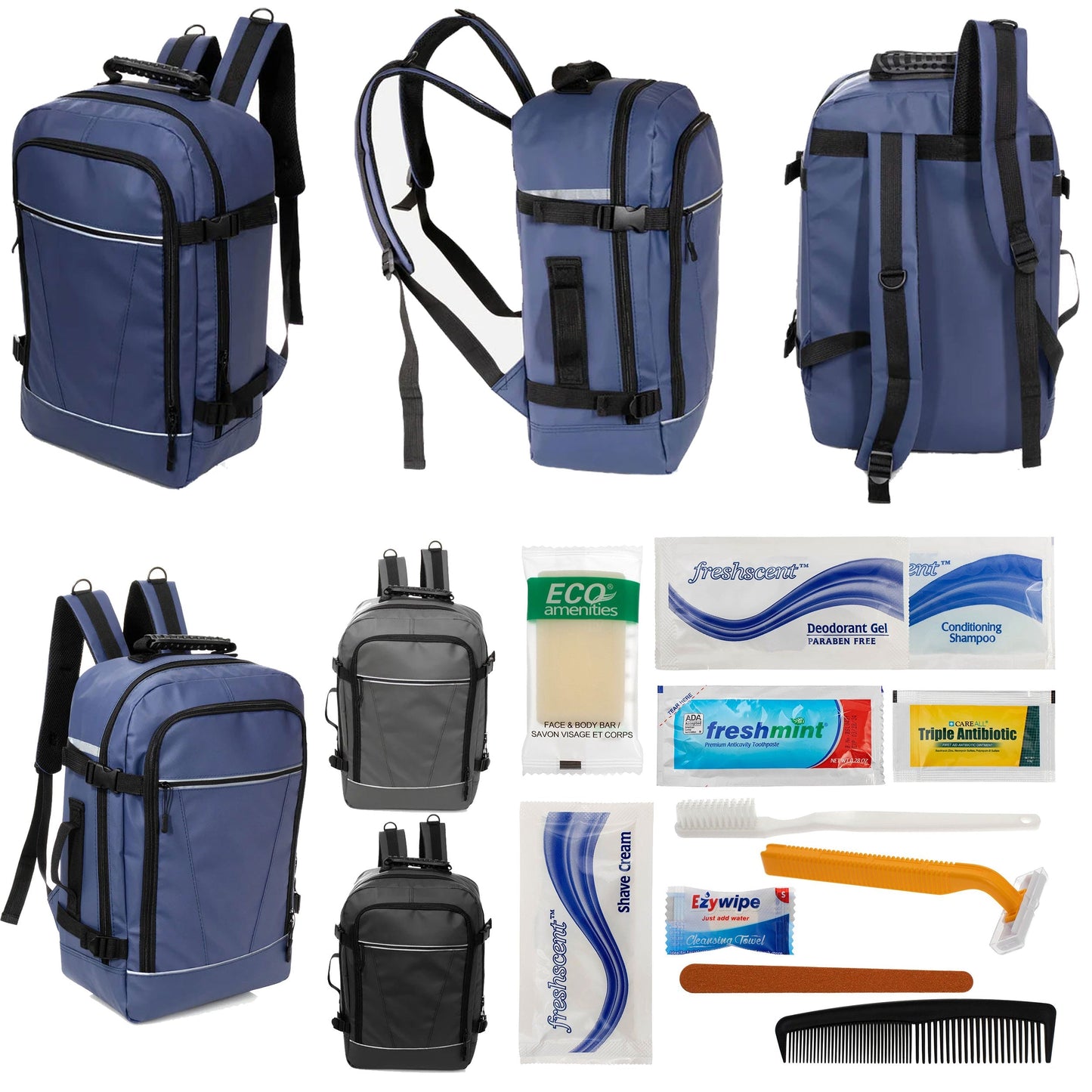 12 Deluxe 18 'Reiserucksäcke in 3 Farben & Ihre Wahl von 12 Bulk Hygiene Kits - Wholesale PFLEGE Package: Obdachlos, Notfall, Wohltätigkeit