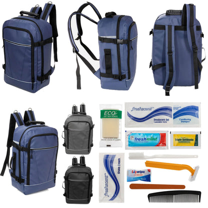 12 Deluxe 18 'Reiserucksäcke in 3 Farben & Ihre Wahl von 12 Bulk Hygiene Kits - Wholesale PFLEGE Package: Obdachlos, Notfall, Wohltätigkeit
