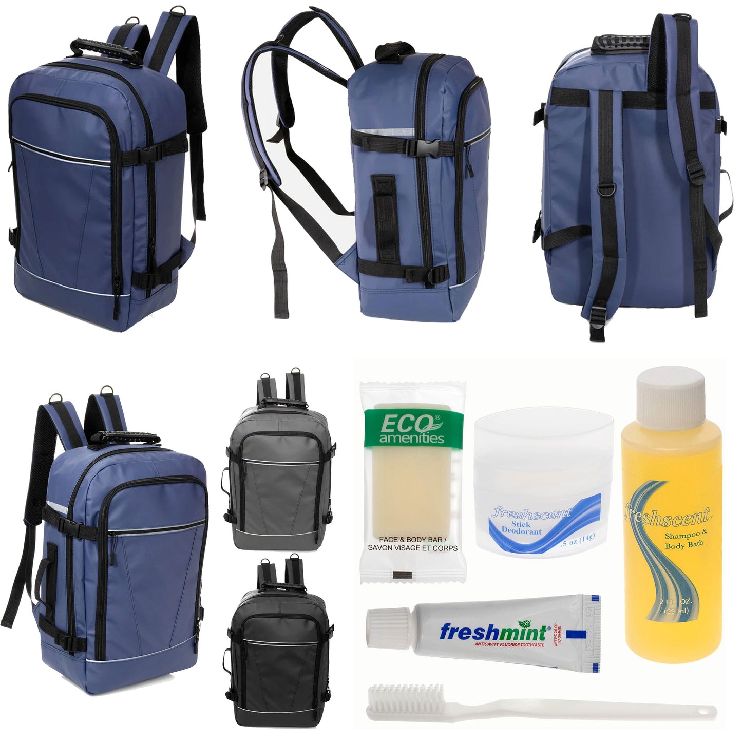 12 Deluxe 18 'Reiserucksäcke in 3 Farben & Ihre Wahl von 12 Bulk Hygiene Kits - Wholesale PFLEGE Package: Obdachlos, Notfall, Wohltätigkeit