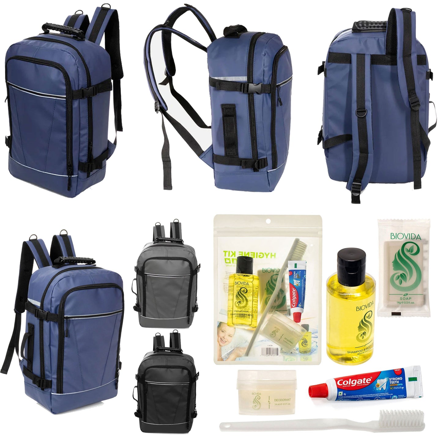 12 Deluxe 18 'Reiserucksäcke in 3 Farben & Ihre Wahl von 12 Bulk Hygiene Kits - Wholesale PFLEGE Package: Obdachlos, Notfall, Wohltätigkeit