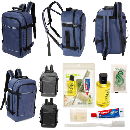 12 Deluxe 18 'Reiserucksäcke in 3 Farben & Ihre Wahl von 12 Bulk Hygiene Kits - Wholesale PFLEGE Package: Obdachlos, Notfall, Wohltätigkeit
