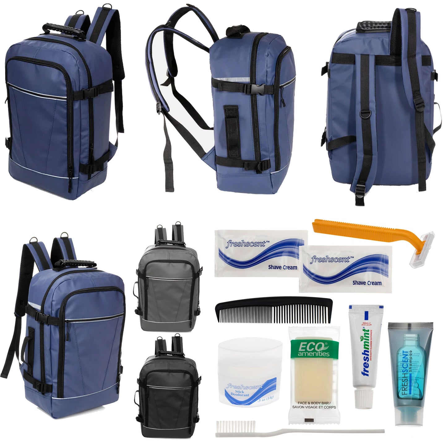 12 Deluxe 18 'Reiserucksäcke in 3 Farben & Ihre Wahl von 12 Bulk Hygiene Kits - Wholesale PFLEGE Package: Obdachlos, Notfall, Wohltätigkeit
