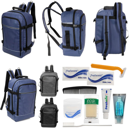 12 Deluxe 18 'Reiserucksäcke in 3 Farben & Ihre Wahl von 12 Bulk Hygiene Kits - Wholesale PFLEGE Package: Obdachlos, Notfall, Wohltätigkeit