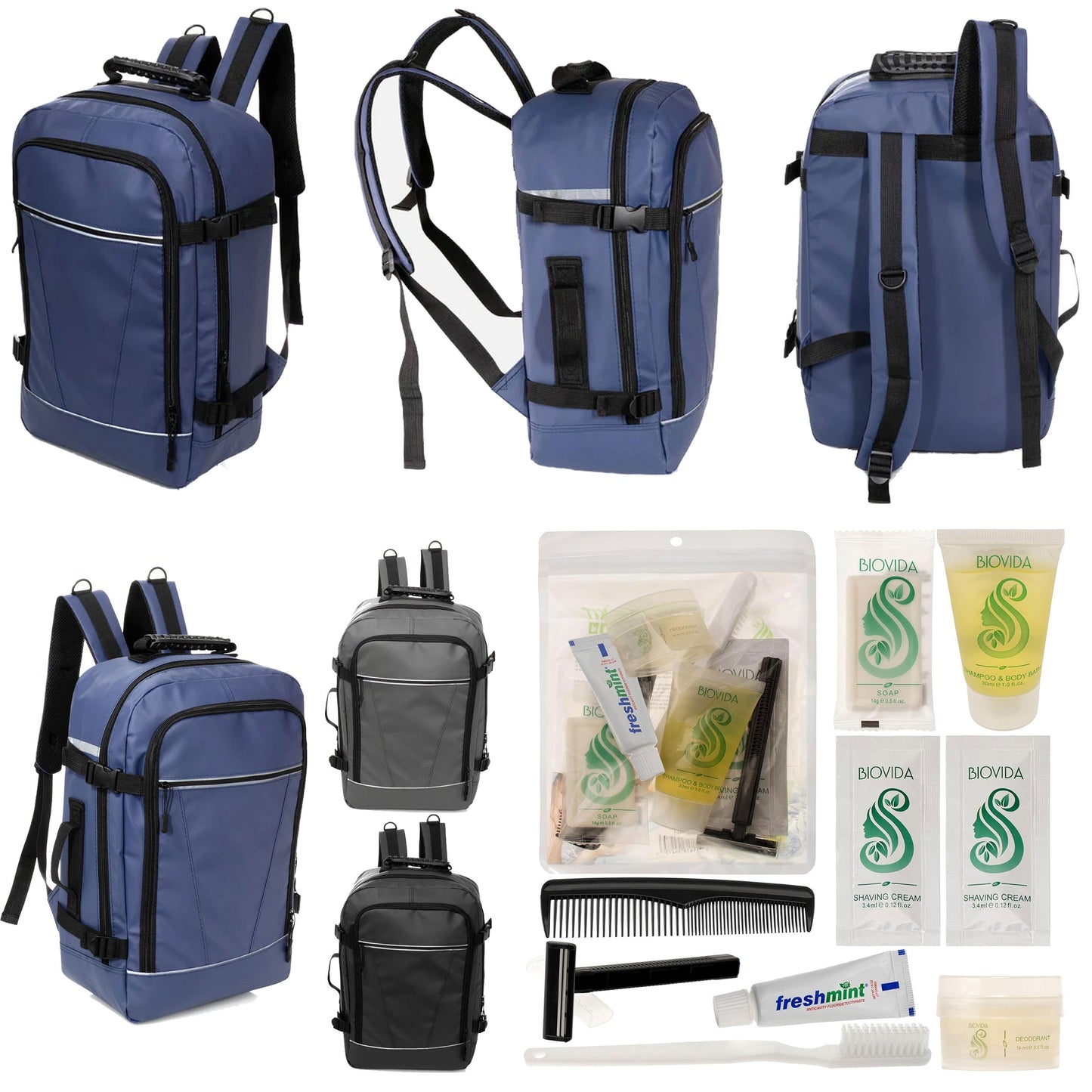 12 Deluxe 18 'Reiserucksäcke in 3 Farben & Ihre Wahl von 12 Bulk Hygiene Kits - Wholesale PFLEGE Package: Obdachlos, Notfall, Wohltätigkeit