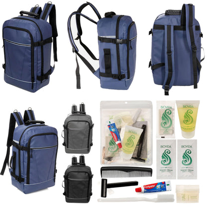 12 Deluxe 18 'Reiserucksäcke in 3 Farben & Ihre Wahl von 12 Bulk Hygiene Kits - Wholesale PFLEGE Package: Obdachlos, Notfall, Wohltätigkeit