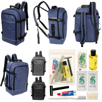 12 Deluxe 18 'Reiserucksäcke in 3 Farben & Ihre Wahl von 12 Bulk Hygiene Kits - Wholesale PFLEGE Package: Obdachlos, Notfall, Wohltätigkeit