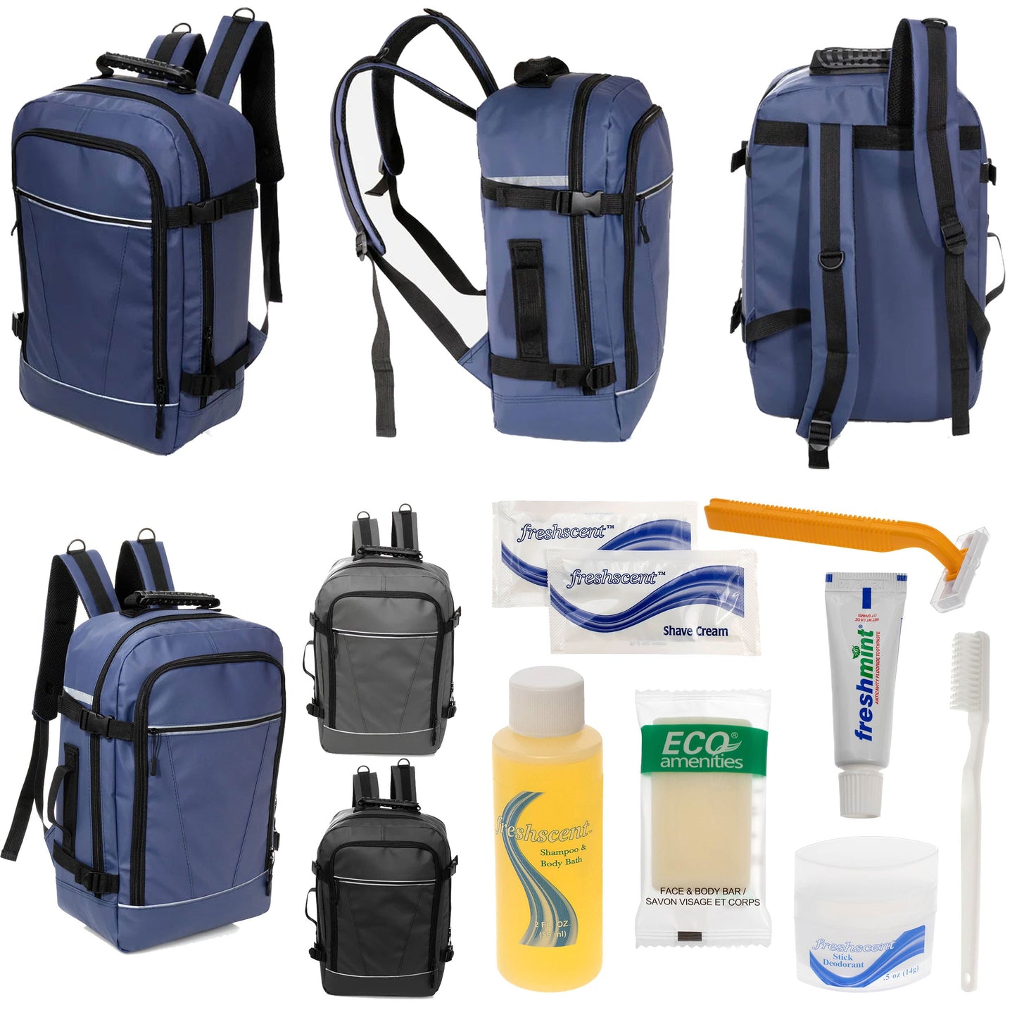 12 Deluxe 18 'Reiserucksäcke in 3 Farben & Ihre Wahl von 12 Bulk Hygiene Kits - Wholesale PFLEGE Package: Obdachlos, Notfall, Wohltätigkeit