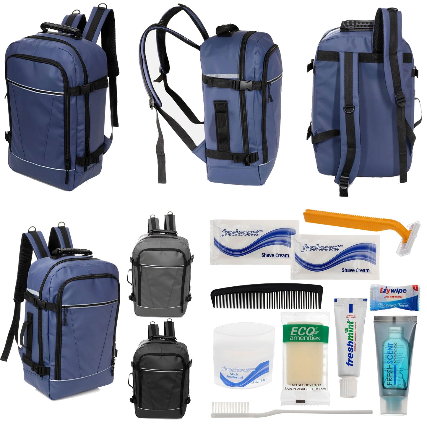 12 Deluxe 18 'Reiserucksäcke in 3 Farben & Ihre Wahl von 12 Bulk Hygiene Kits - Wholesale PFLEGE Package: Obdachlos, Notfall, Wohltätigkeit