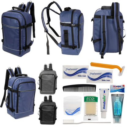 12 Deluxe 18 'Reiserucksäcke in 3 Farben & Ihre Wahl von 12 Bulk Hygiene Kits - Wholesale PFLEGE Package: Obdachlos, Notfall, Wohltätigkeit