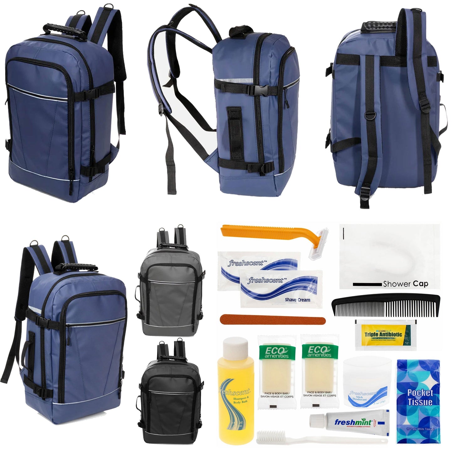 12 Deluxe 18 'Reiserucksäcke in 3 Farben & Ihre Wahl von 12 Bulk Hygiene Kits - Wholesale PFLEGE Package: Obdachlos, Notfall, Wohltätigkeit