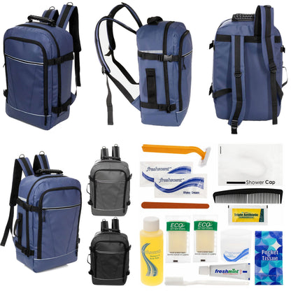 12 Deluxe 18 'Reiserucksäcke in 3 Farben & Ihre Wahl von 12 Bulk Hygiene Kits - Wholesale PFLEGE Package: Obdachlos, Notfall, Wohltätigkeit