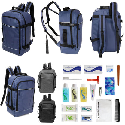 12 Deluxe 18 'Reiserucksäcke in 3 Farben & Ihre Wahl von 12 Bulk Hygiene Kits - Wholesale PFLEGE Package: Obdachlos, Notfall, Wohltätigkeit