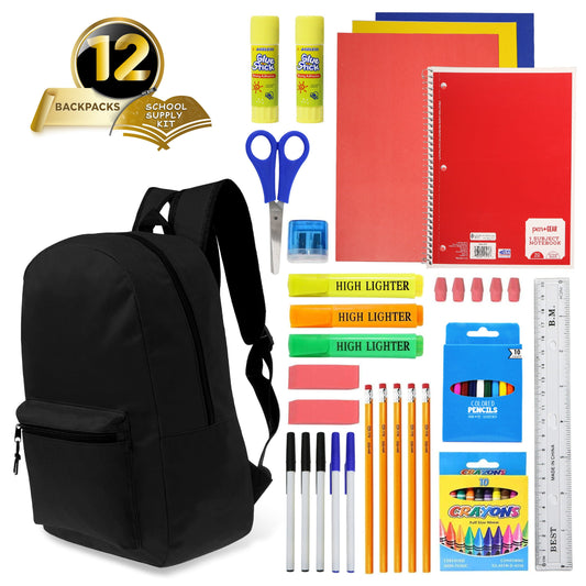 12 Schwarz 17 'Basic Kids Wholesale Rucksäcke und 12 Bulk School Supply Kits Ihrer Wahl
