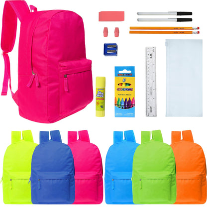 12 Großhandelsrucksäcke in 6 hellen Farben & 12 Bulk School Supply Kits Ihrer Wahl
