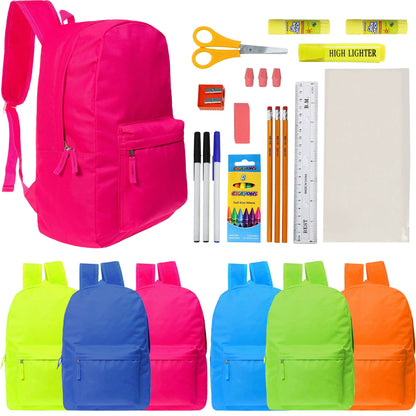 12 Großhandelsrucksäcke in 6 hellen Farben & 12 Bulk School Supply Kits Ihrer Wahl