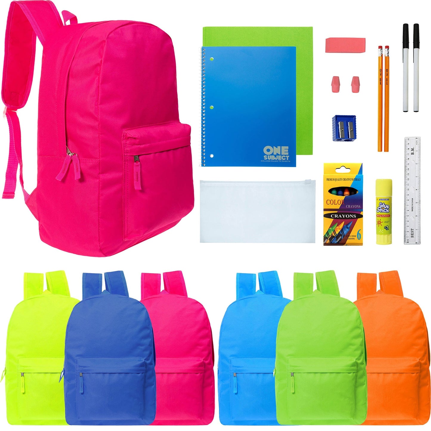 12 Großhandelsrucksäcke in 6 hellen Farben & 12 Bulk School Supply Kits Ihrer Wahl