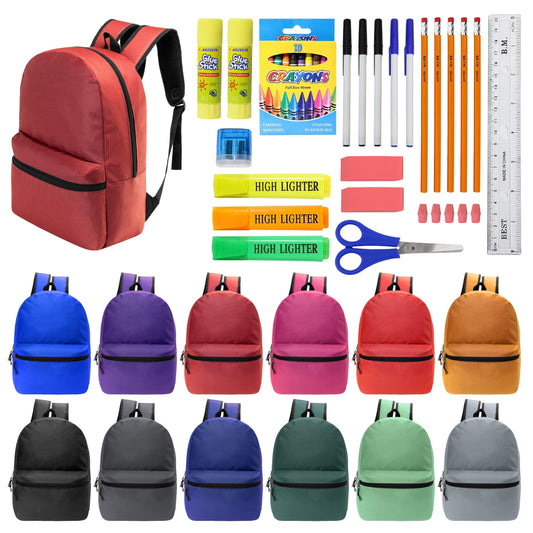 12 Wholesale 17 'Basic Rucksäcke in 12 verschiedenen Farben & 12 Bulk School Supply Kits Ihrer Wahl