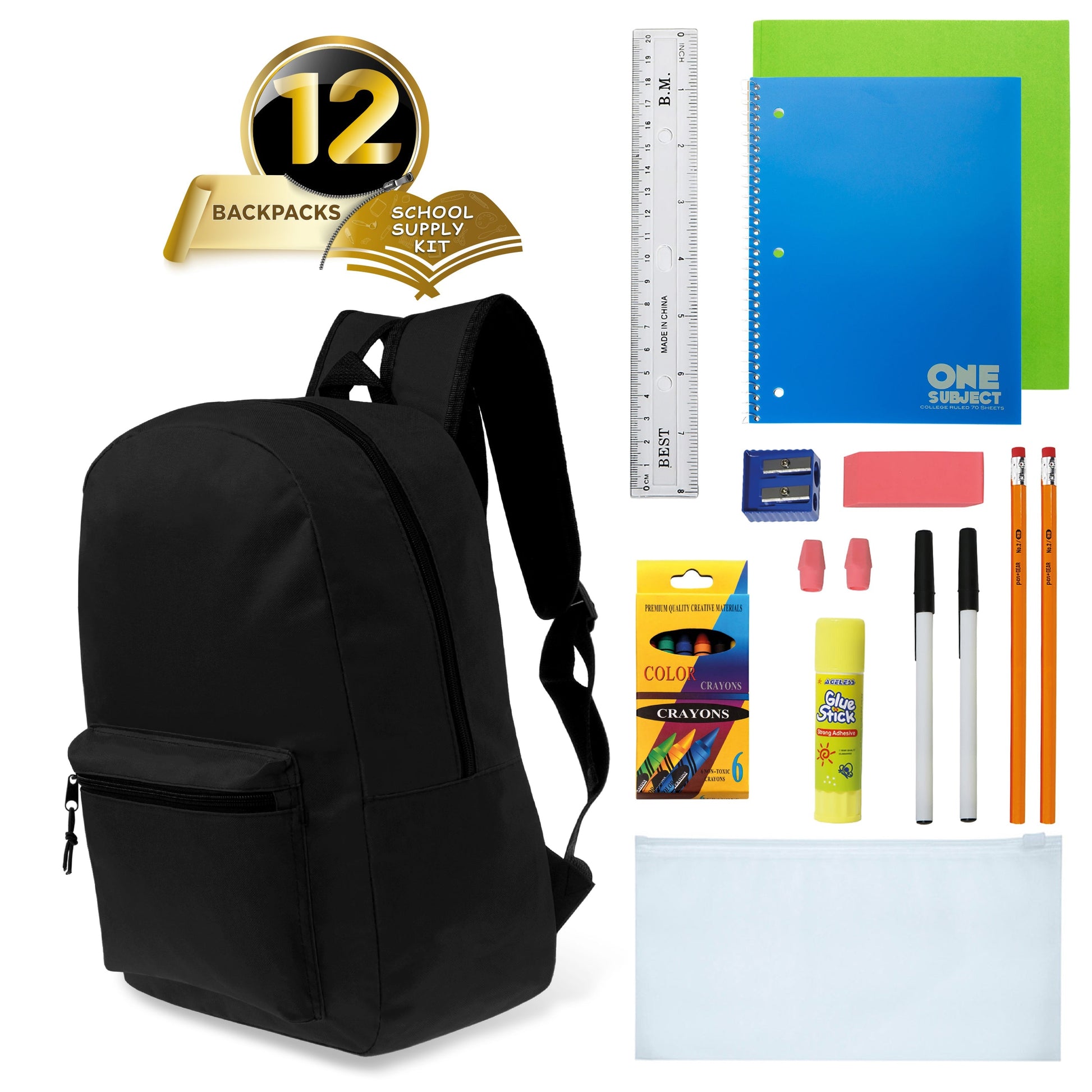 12 Großhandels 15 'Klassische Rucksäcke in Schwarz & 12 Bulk School Supply Kits Ihrer Wahl