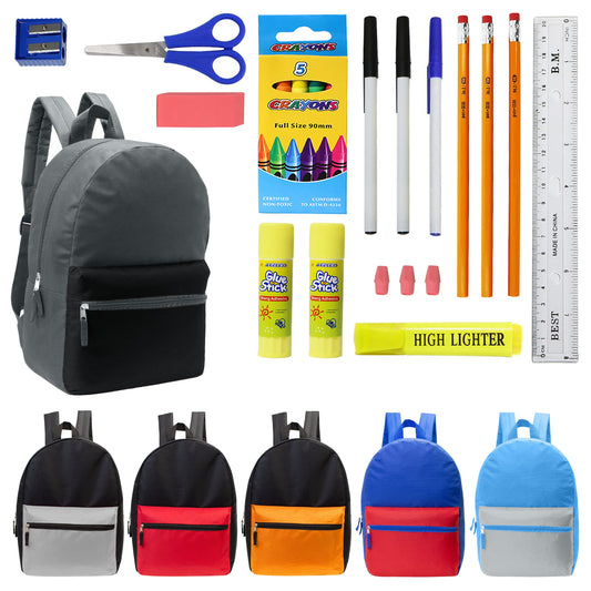 12 Multi-Color-Kids-Basic-Rucksäcke in verschiedenen Farben und 12 Bulk School Supply Kits Ihrer Wahl
