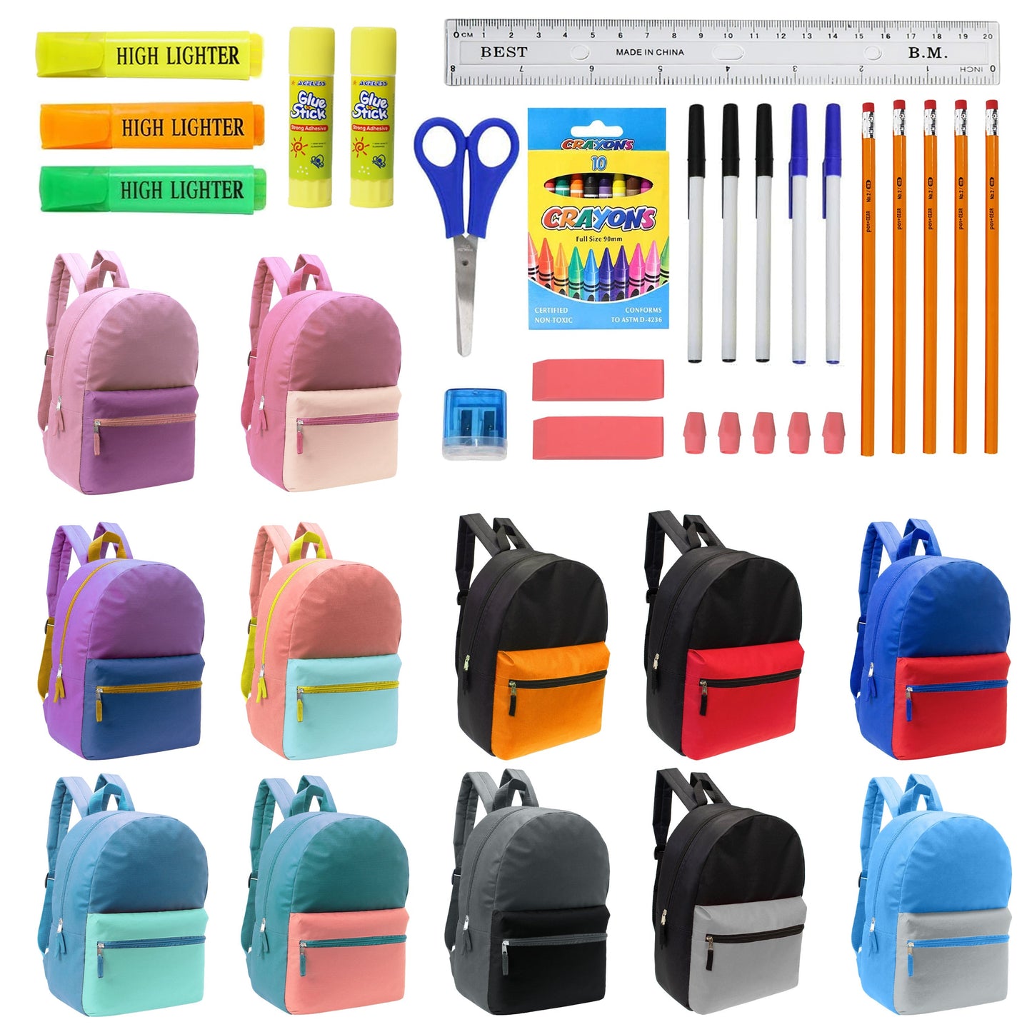 12 Großhandels-17' Zwei Ton Rucksäcke in 12 verschiedenen Farben & 12 Bulk School Supply Kits Ihrer Wahl