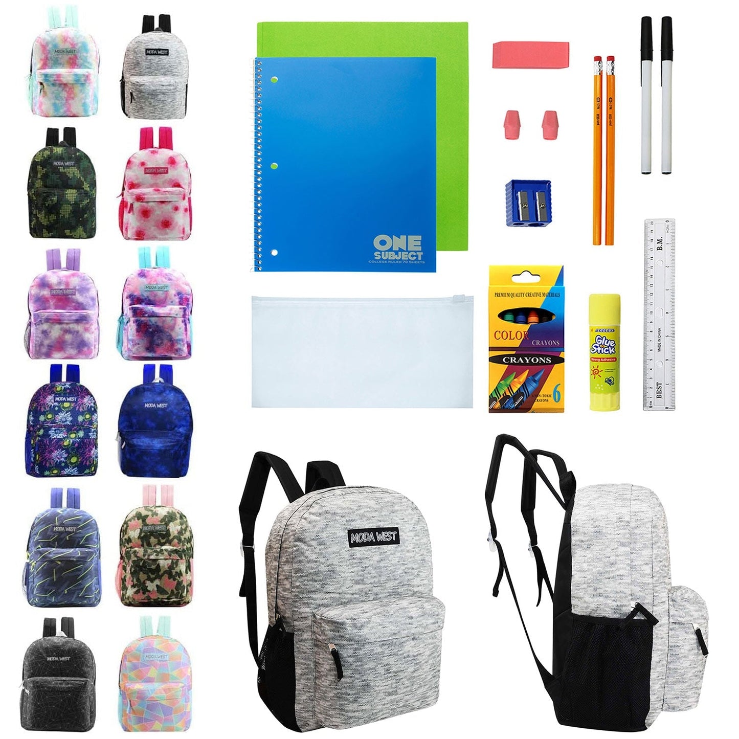 12 Großhandelsdrucker 17 'Rucksäcke für Studenten und 12 Bulk School Supply Kits Ihrer Wahl