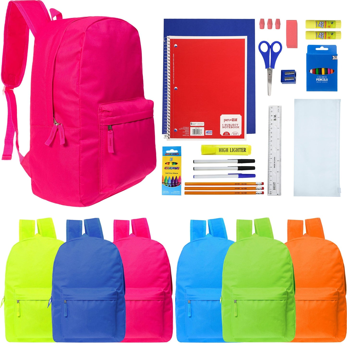 12 Großhandelsrucksäcke in 6 hellen Farben & 12 Bulk School Supply Kits Ihrer Wahl