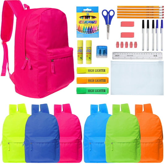 12 Großhandelsrucksäcke in 6 hellen Farben & 12 Bulk School Supply Kits Ihrer Wahl