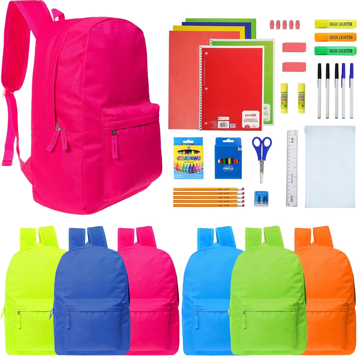 12 Großhandelsrucksäcke in 6 hellen Farben & 12 Bulk School Supply Kits Ihrer Wahl