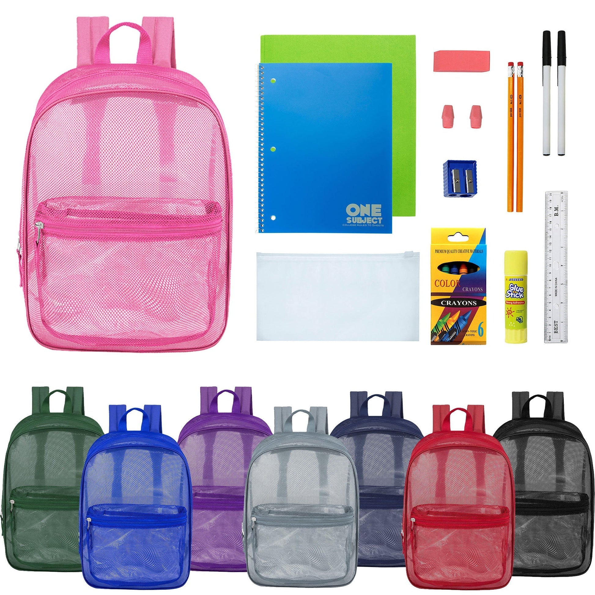 12 Wholesale 17 'Mesh Rucksäcke in verschiedenen Farben & 12 Bulk School Supply Kits Ihrer Wahl