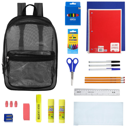 12 Wholesale 17 'Mesh Rucksäcke in Schwarz & 12 Bulk School Supply Kits Ihrer Wahl
