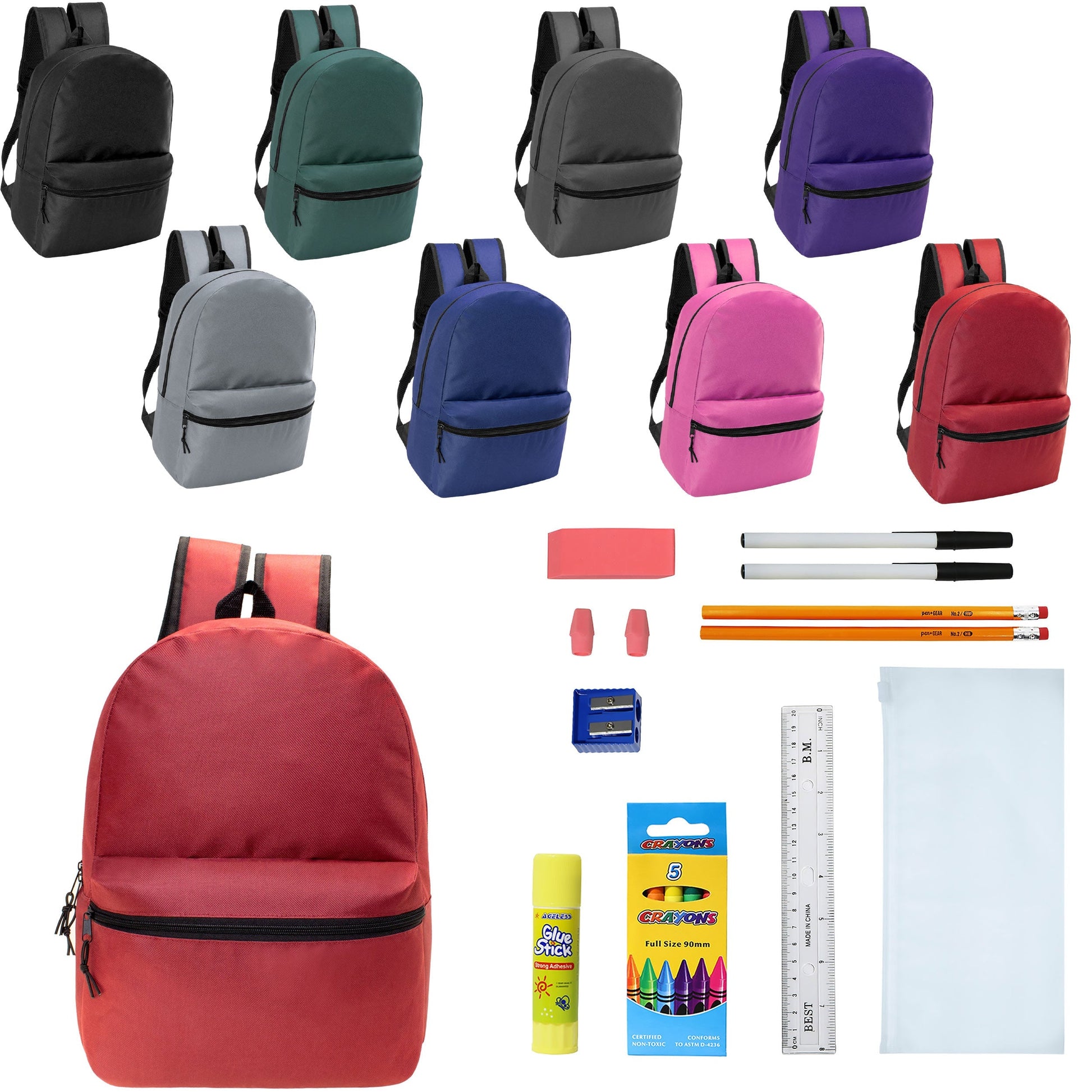 12 Wholesale 17 'Basic Wholesale Rucksack in 8 Farben & 12 Bulk School Supply Kits Ihrer Wahl