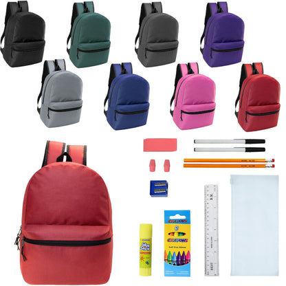 12 Wholesale 17 'Basic Wholesale Rucksack in 8 Farben & 12 Bulk School Supply Kits Ihrer Wahl
