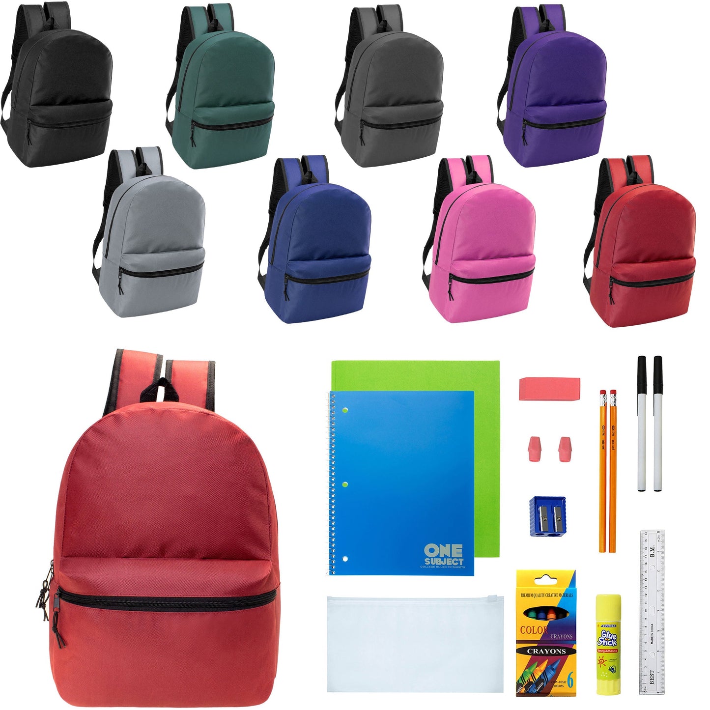 12 Wholesale 17 'Basic Wholesale Rucksack in 8 Farben & 12 Bulk School Supply Kits Ihrer Wahl
